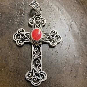 Sterling Silver Coral Cross Pendant